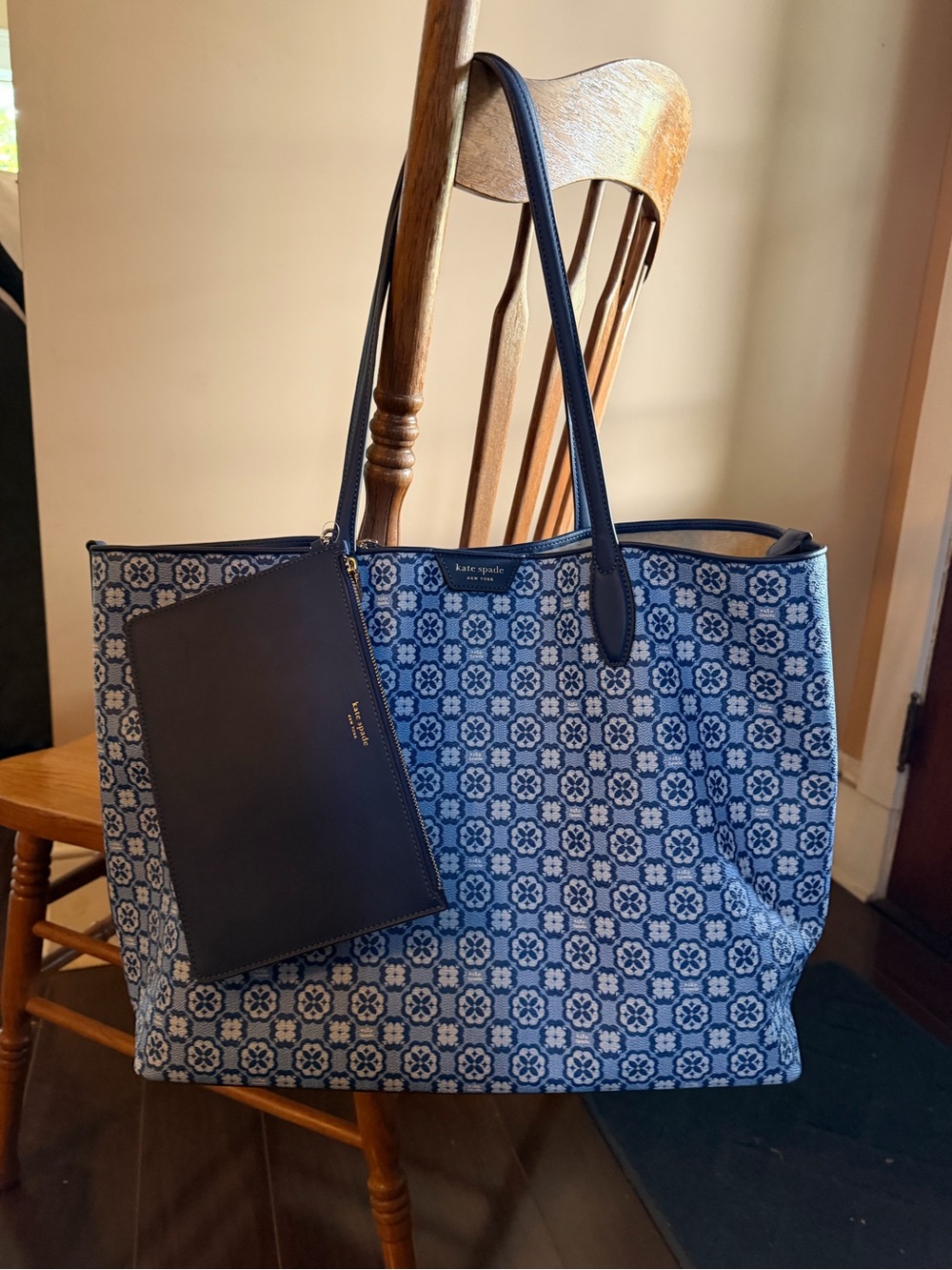 kate spade Navy Blue Patterned Tote with Matching Pouch